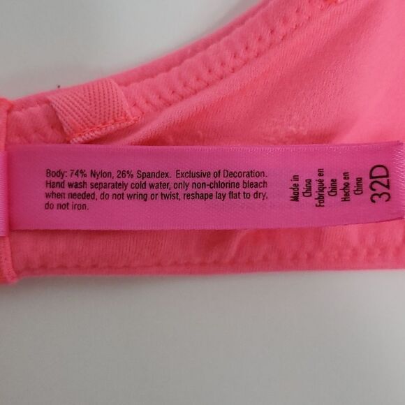 Betsey Johnson Neon Pink Rhinestone Push Up Bra Size 32D - Picture 10 of 11